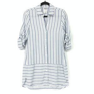 Tommy Bahama Women's Sz XS Ticking Stripe Boyfriend Shirt Tab Sleeve Blue White